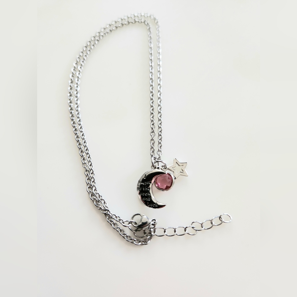 Silver Tone Love you to the moon and back half moon with Star/Pink Crystal Charm